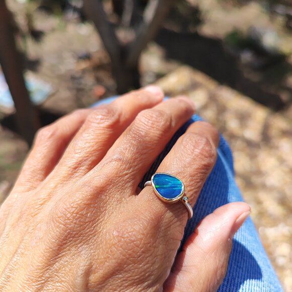 14K solid Yellow gold & Sterling silver ring with Blue Australian Opal. - Picture 9 of 14